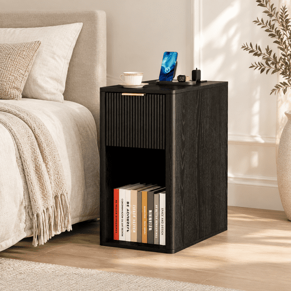 Black 11.8" Wide Narrow End Table with Fluted Drawer and Charging Station
