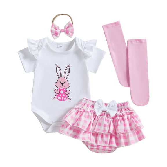 Okbabeha Infant Baby Girl Easter Outfits Short Sleeve Romper Bunny one-piece Shorts Headband Socks