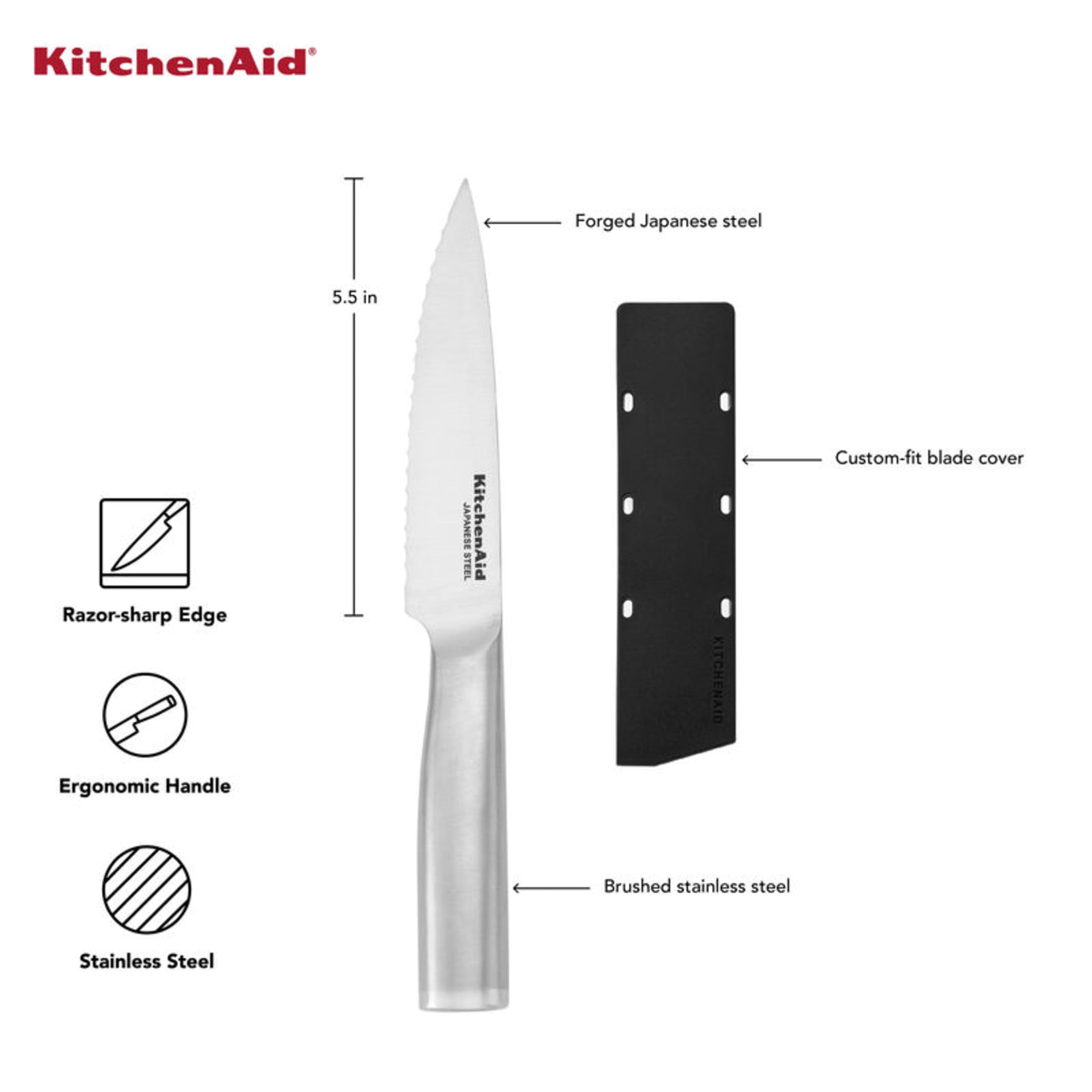 KitchenAid Gourmet 5.5-Inch Forged Serrated Utility Knife with Blade Cover, Stainless Steel Handle