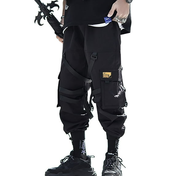 Niepce Inc Techwear Black Cargo Pants Men Fashion Streetwear Strap Jogger