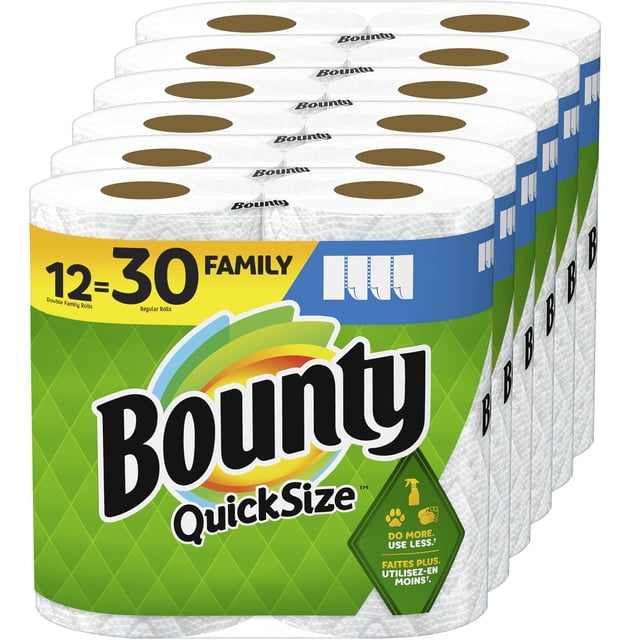 Toallas de papel Bounty, tamaño rápido, color blanco, 12 unidades familiares = 30 normales