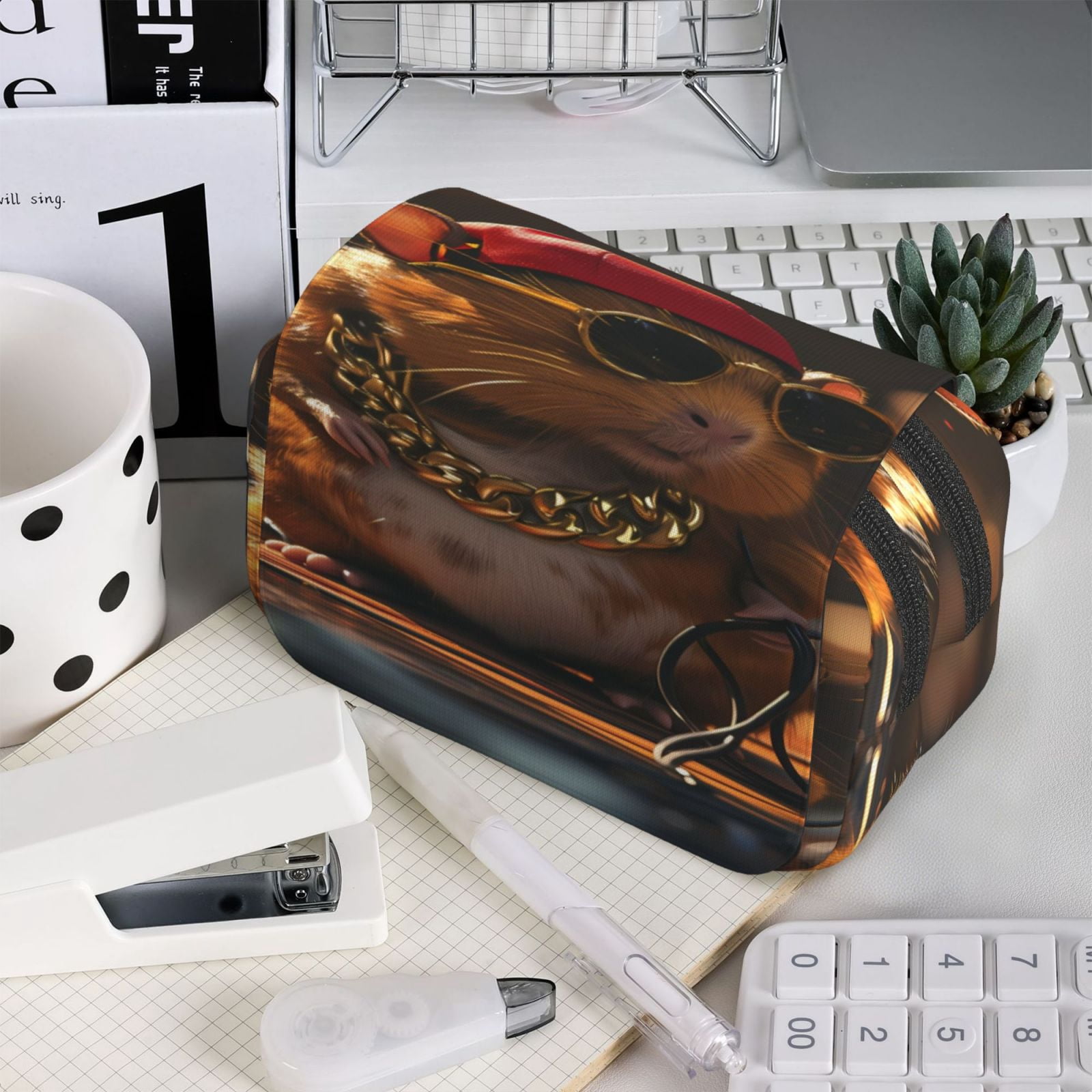 Rateoe Hip-Hop Guinea Pig. Pattern Double Clamshell Pen Case, Storage Organizer with Two Zipper Compartments– Holds Up to 50 Pencils & Pens