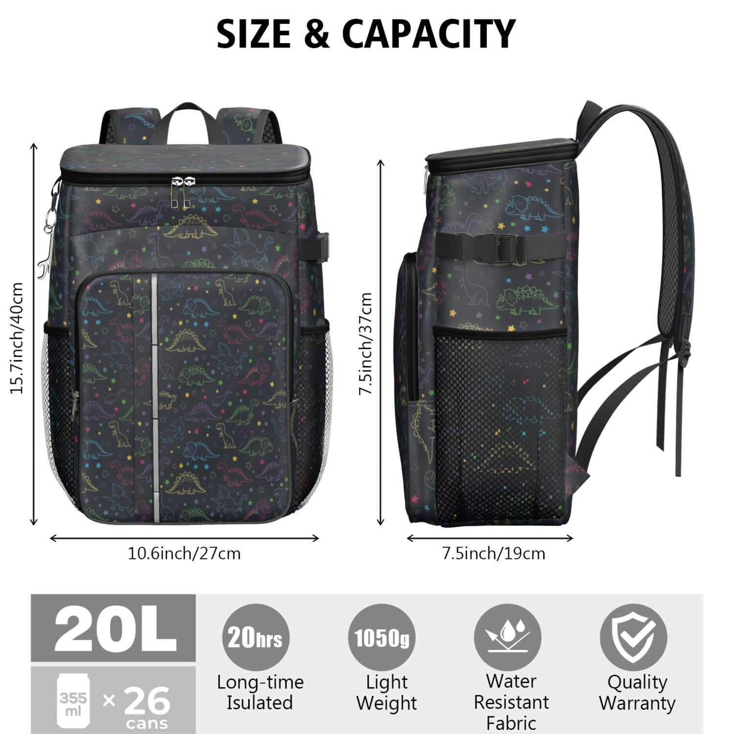 Travel Cooler Bag - Colorful Doodle Dinosaurs Dark Pattern Camping Beer Cooler Backpack with Bottle Opener- Waterproof Insulated Picnic Backpacks - Cooler Bag for Beach