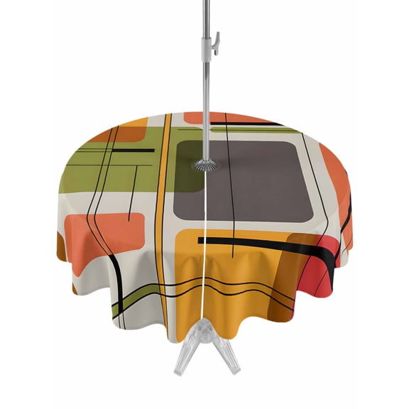 Outdoor Tablecloth with Umbrella Hole and Zipper, Green Orange Geometric Round Table Cloth 60 Inch Waterproof Tablecloth, Modern Abstract Art Luxury Picnic Table Cover for Patio Camping