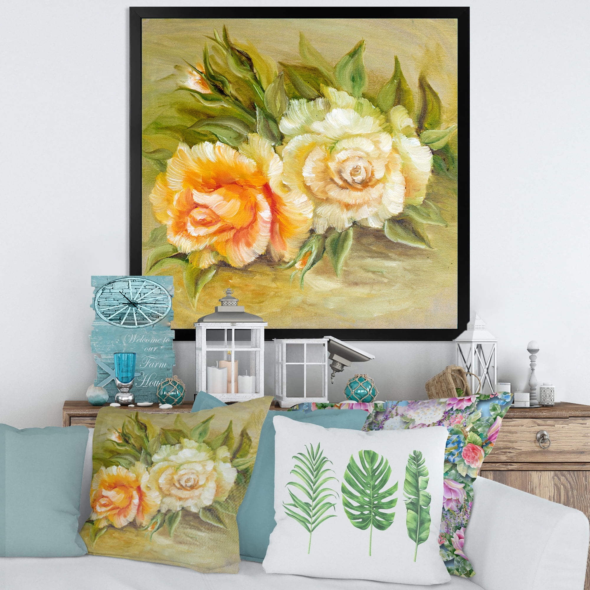 Designart 'Vintage Yellow and White Roses' Traditional Framed Art Print