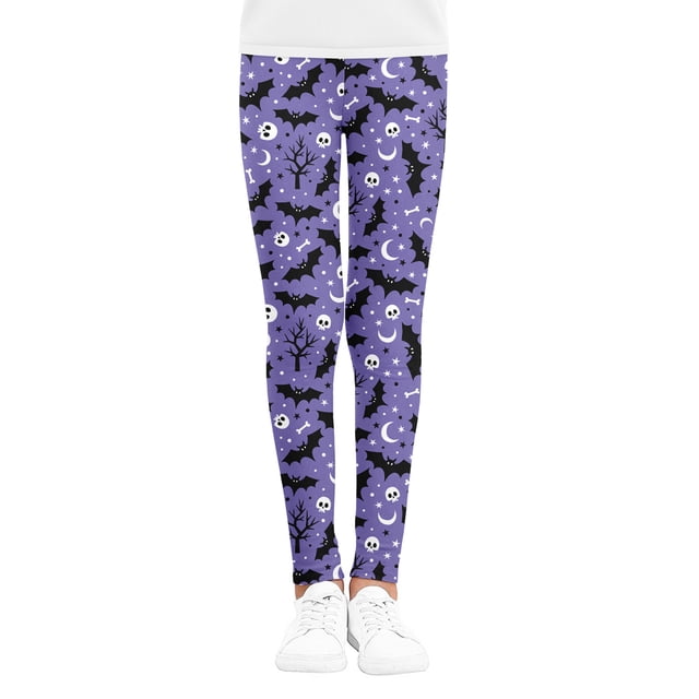 Halloween Leggings, Color Block Skull Bat Print Sports Trousers