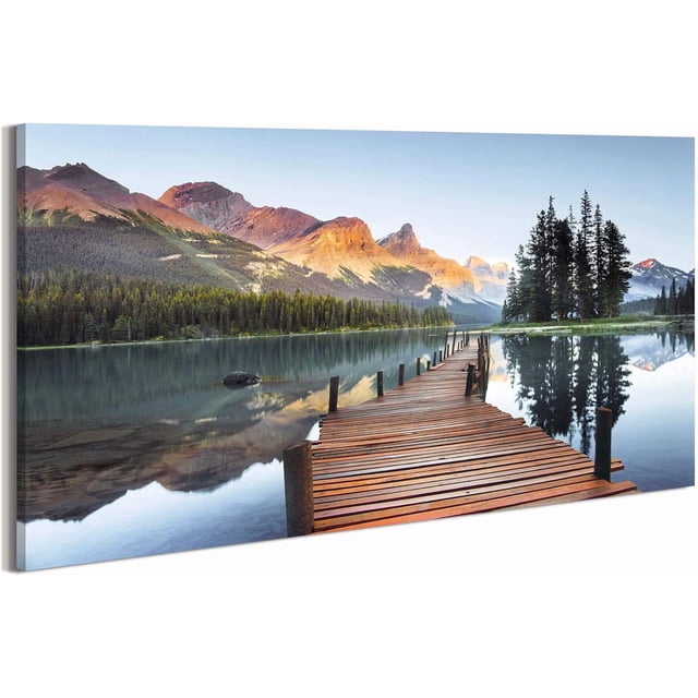 Lake Landscape Canvas Wall Art, Mountain Forest & Dock Nature Scene, Decor for Bedroom, Living Room, Office