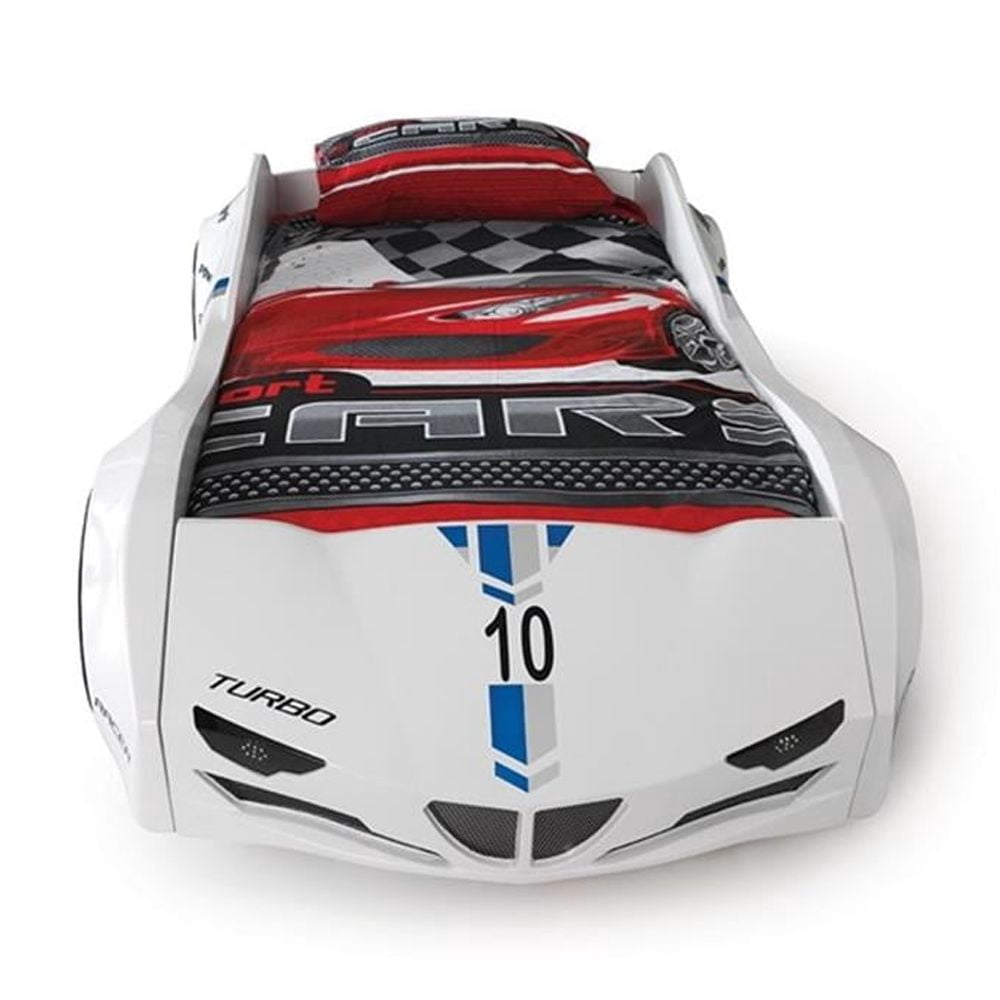Pemberly Row Modern Wood Twin Race Car Bed with Remote Control in White