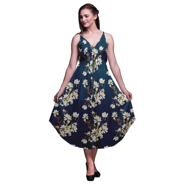 Bimba Robe Florale pour Femmes à Bretelles Spaghetti Col en V Midi Plage - Grande