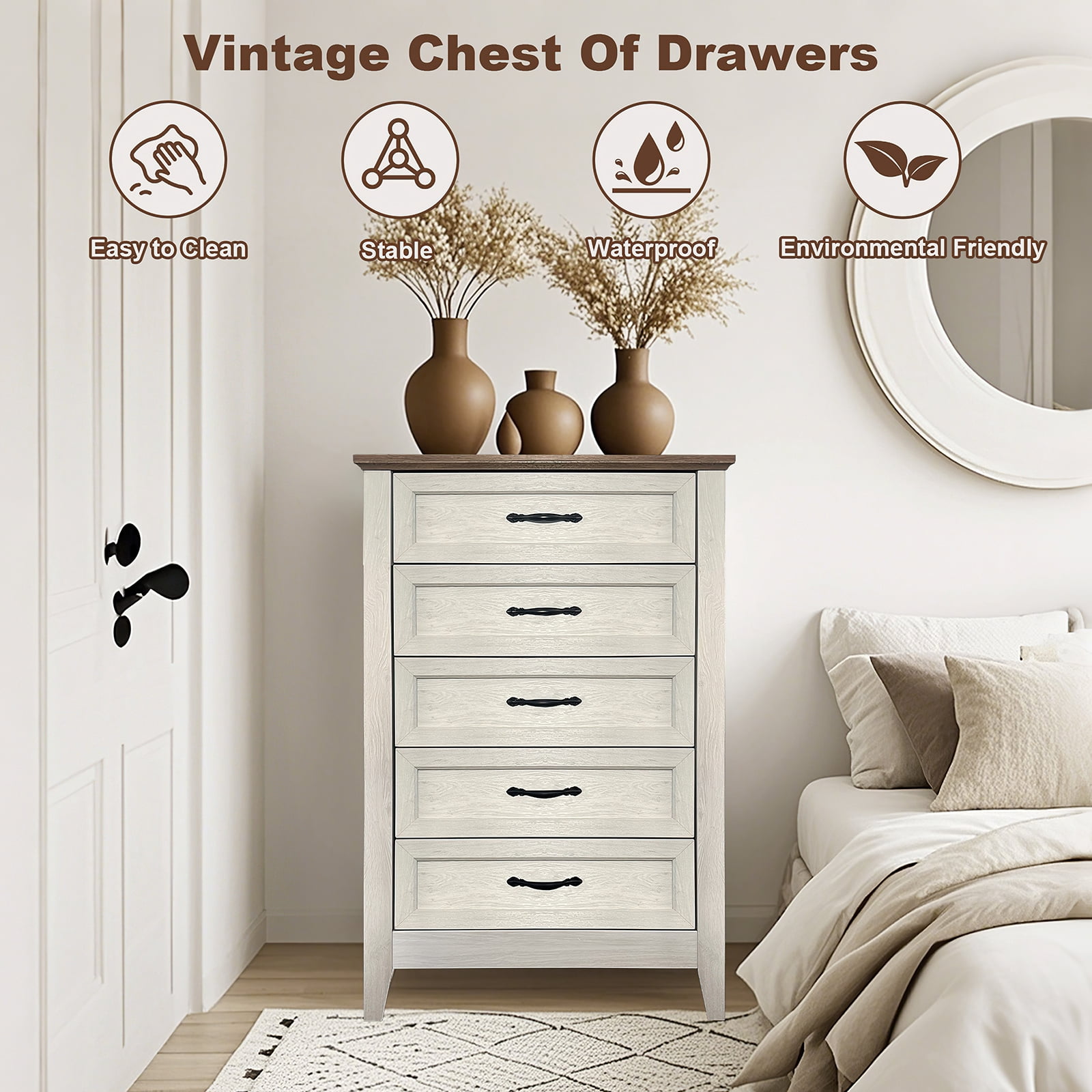 Tzou 5 Drawer Dresser, Farmhouse Tall Dresser for Closet, Rustic Chest of Drawer with Wide Metal Handles, Wood Dressers Organizer for Bedroom, Living Room, Hallway