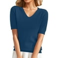 thumbnail image 2 of Soft Wool Blend V-Neck Sweater for Women 2025 Spring Fashion Short Sleeve Top Thin Knit Business Casual Pullover Navy L, 2 of 8