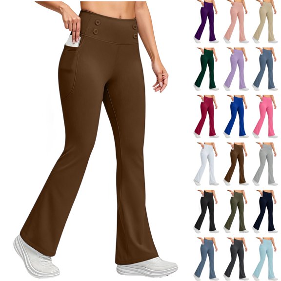 Seffadzy Flare Leggings for Women Fleece Lined Thermal Warm Work Pants Bootcut Yoga Pants with Pockets Brown L