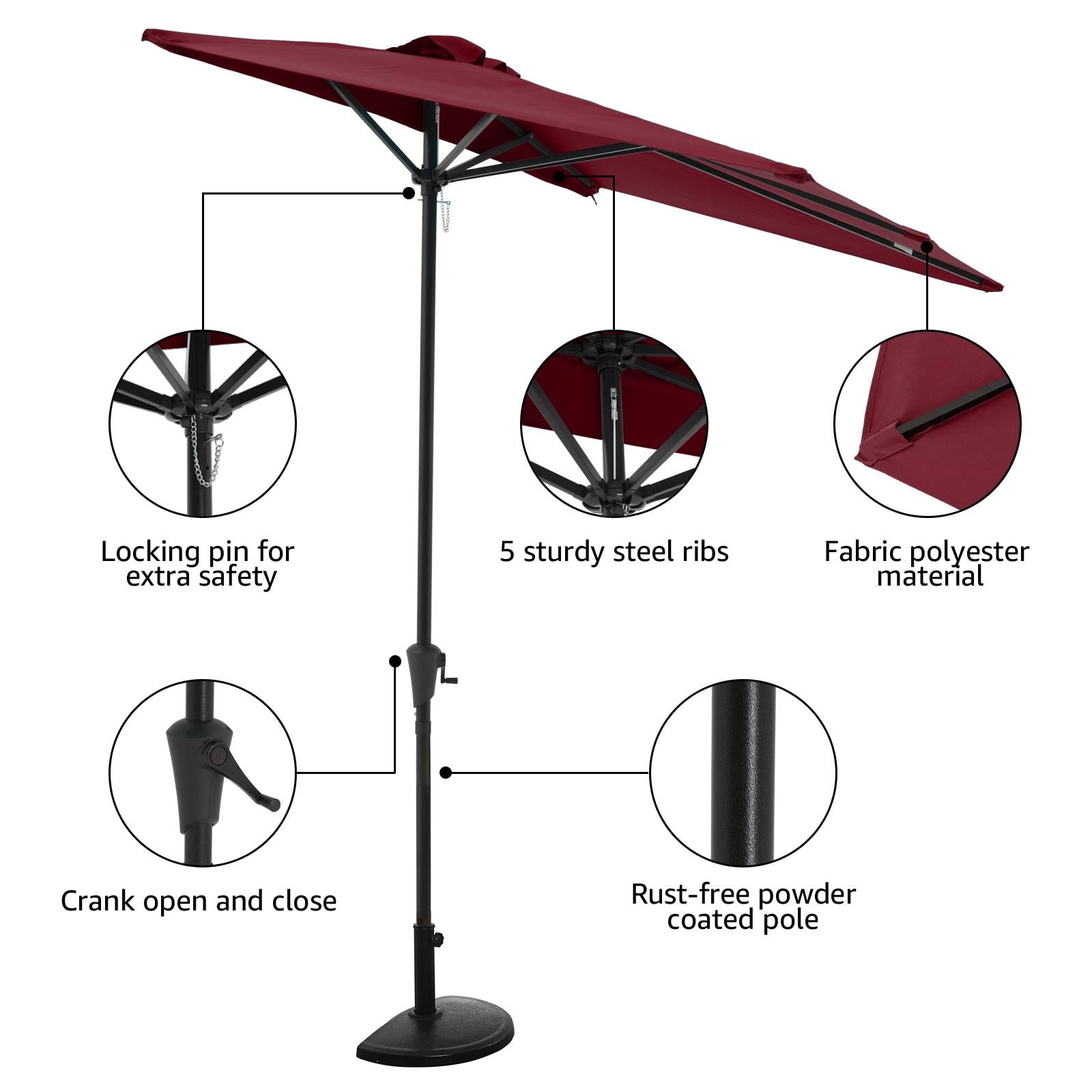 7.5’by 4’ Patio Umbrella with Outdoor Umbrella Base, Half Rectangular Outdoor Umbrella with Crank, Heavy-Duty Resin Patio Umbrella Base Included, Burgundy