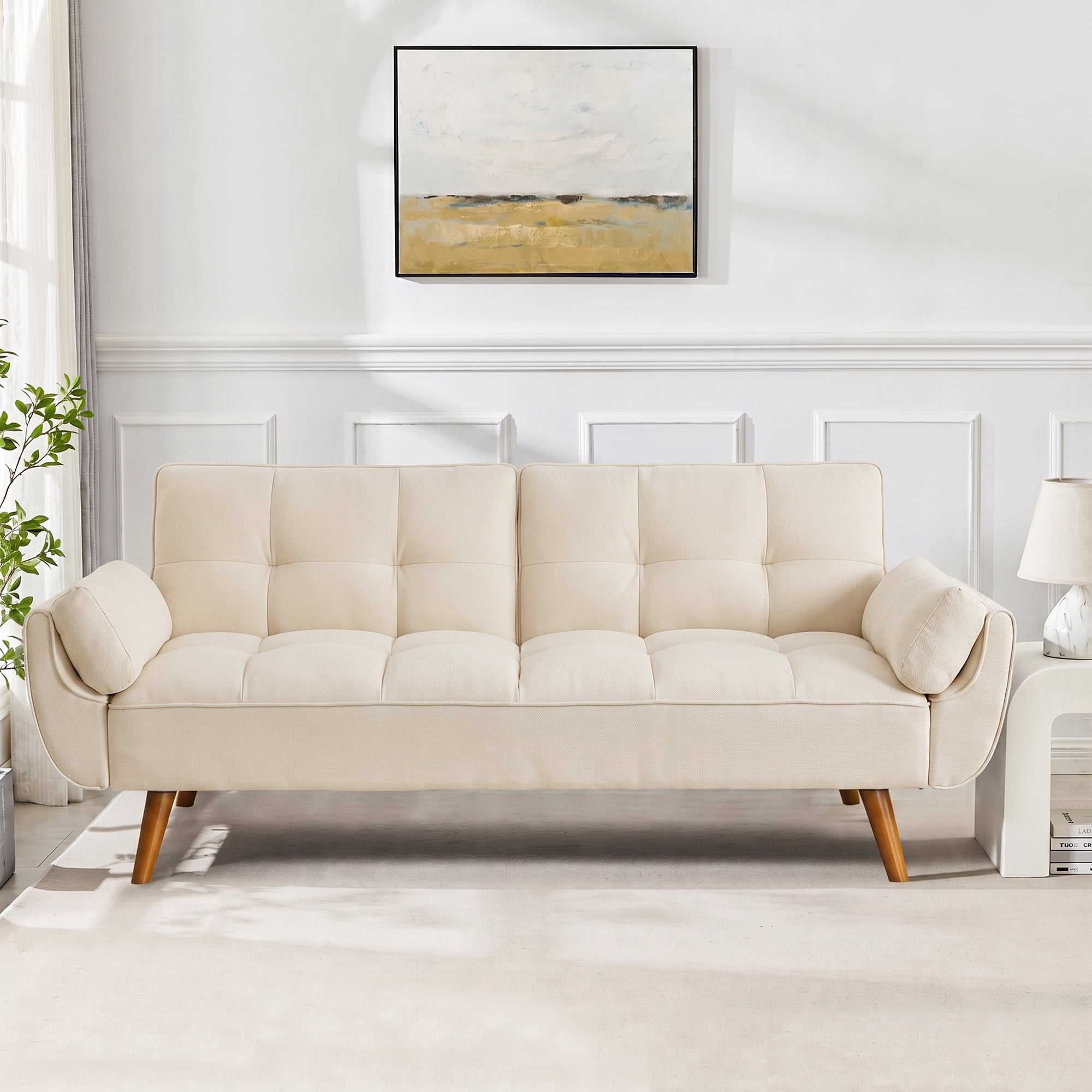 Aukfa 75" Pillow Top Arm Futon Convertible Sofa Bed, Tufted Loveseat Sleeper Couch for Home Office, Linen, Beige