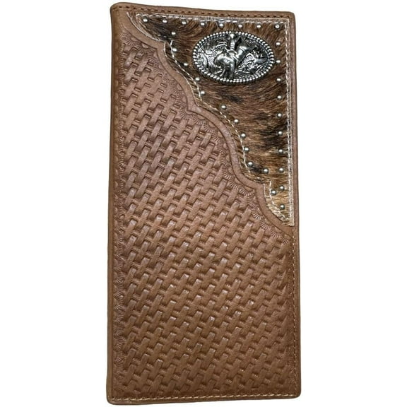 Urbalabs Mens Long Wallet Basketweave Leather Soft Leather Cow Hair Checkbook Style Cowboy Hand Crafted High End Mens Wallets Leather Bull Rider Rodeo Concho Gifts For Men (Brown)