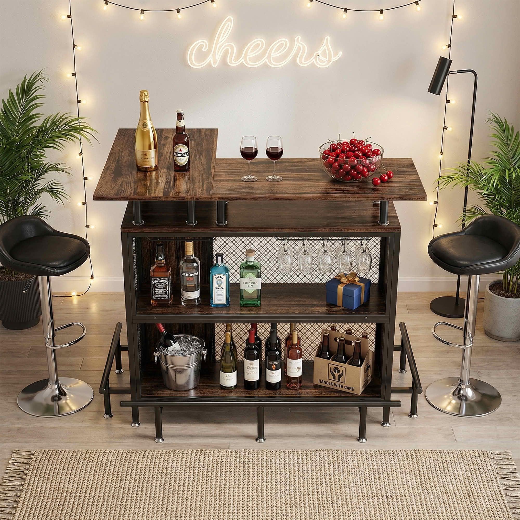 MAYEERTY L Shaped Home Bar Unit, Corner Liquor Bar Table with Glasses Holders and Storage Shelves for Home Entertaining