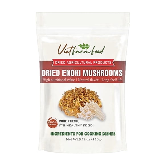 DRIED ENOKI MUSHROOMS 5.29 Oz (150g) VIETFARMFOOD: Dried agricultural products with pure natural flavor. Used as cooking ingredients to prepare delicious, nutritious dishes, suitable for vegetarians