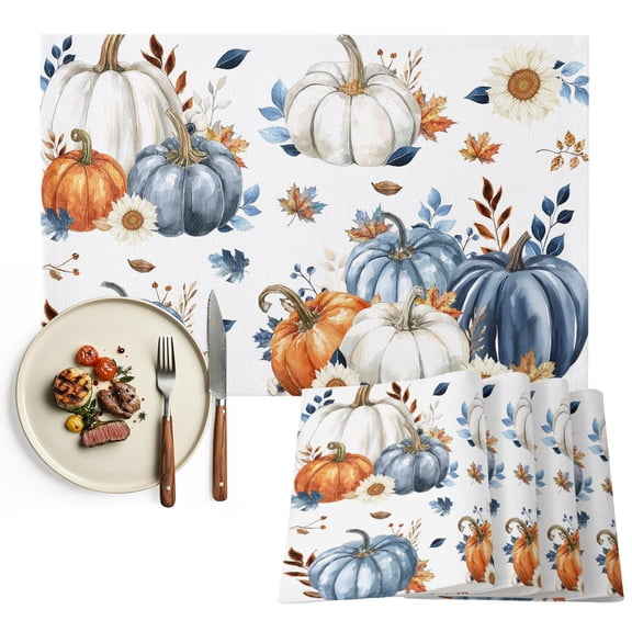 Fall Pumpkin Placemats Set of 4, Thanksgiving Autumn Daisy Farmhouse Leaves Washable Wipeable Table Mats for Dining Tables, Indoor Outdoor Kitchen Place Mats for Holiday Party Table Decor
