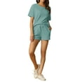 thumbnail image 2 of INSPIRE CHIC Women's Lounge Sets Waffle Outfits T-shirt with Shorts Loungewear Jogger Sweatsuits with Pockets L Lake Green, 2 of 6