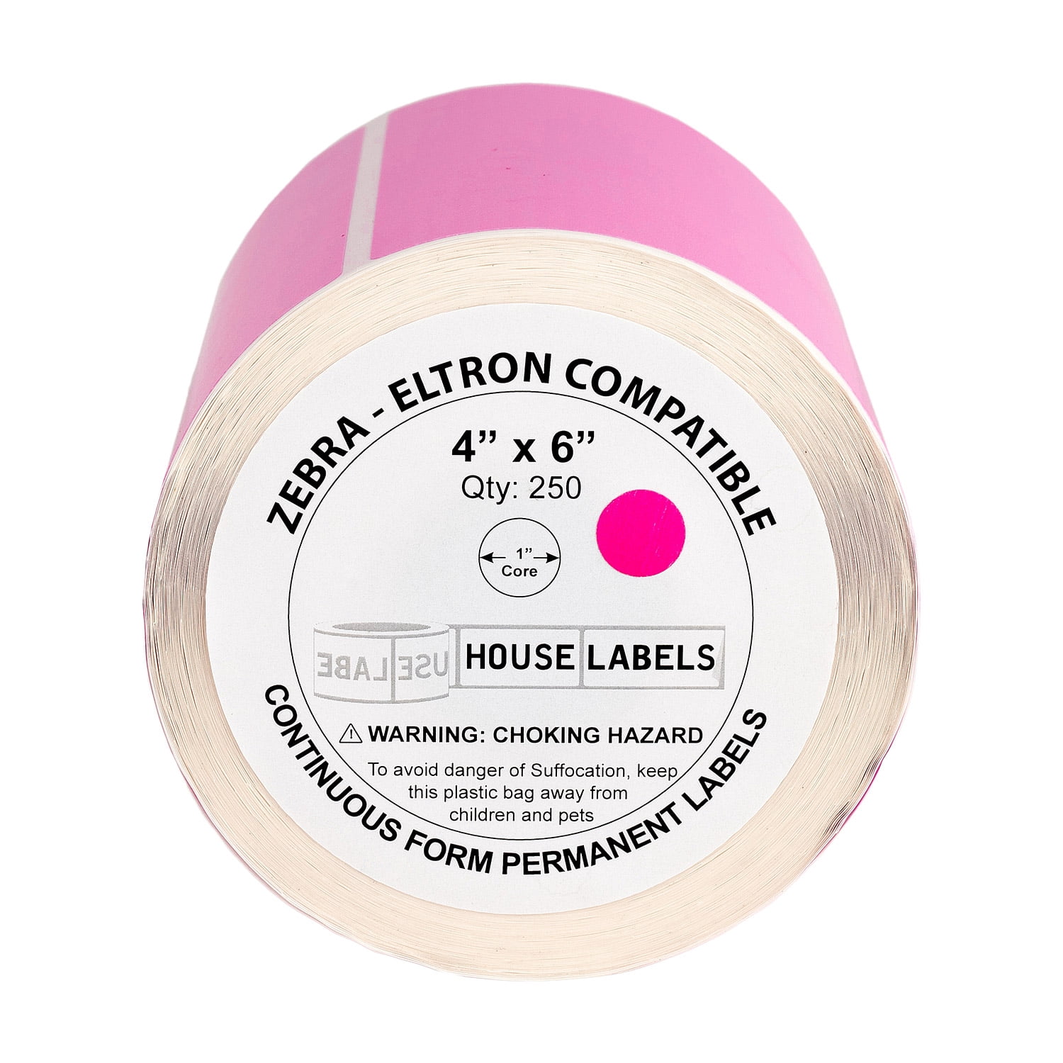 HOUSELABELS 4" x 6" Pink Shipping Labels on 1" Core Compatible With Zebra and Rollo Printers, 4 Rolls / 250 Labels per Roll