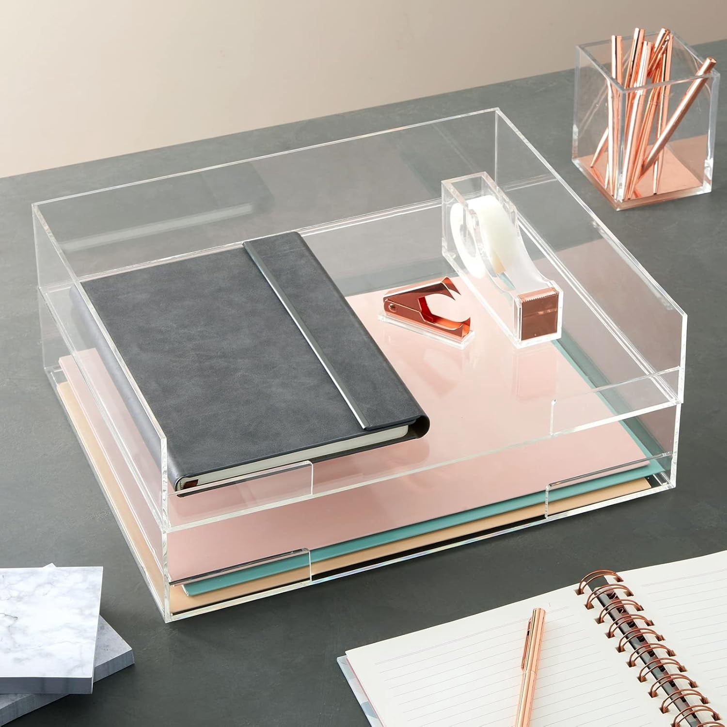 2 Tier Clear Acrylic Paper Tray, Letter and File Organizer for Office Desk Accessories and Documents (13 x 11 x 3 in)