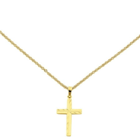 Primal Gold 14 Karat Yellow Gold Diamond-cut Hollow Cross Pendant with 18-inch Cable Chain
