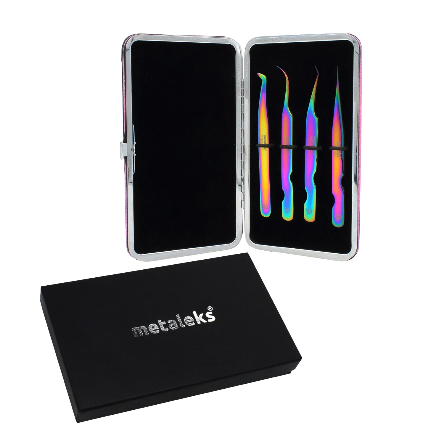 4PCS - 12CM Multi Titanium Coated Eyelash Extension Tweezers With Pink Glitter Magnetic Kit - Made of Japanese Stainless Steel