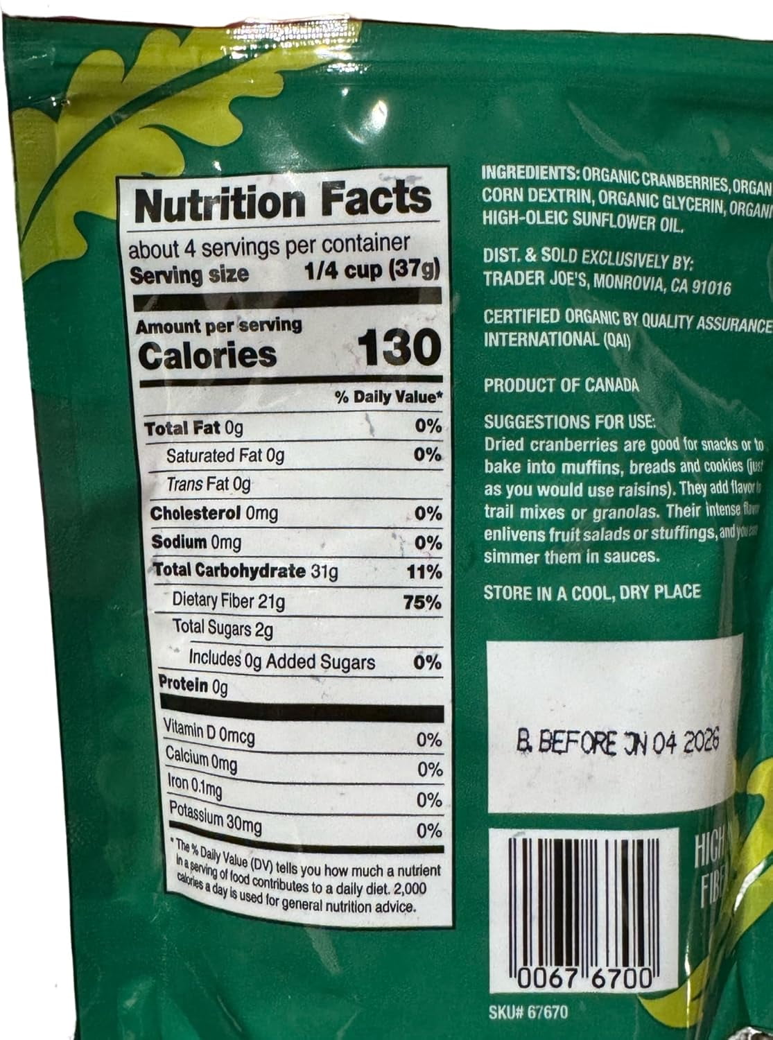 Trader Joe's Organic Dried Cranberries High in Fiber, No Sugar Added, Pack of 1, 5.5oz (156g)