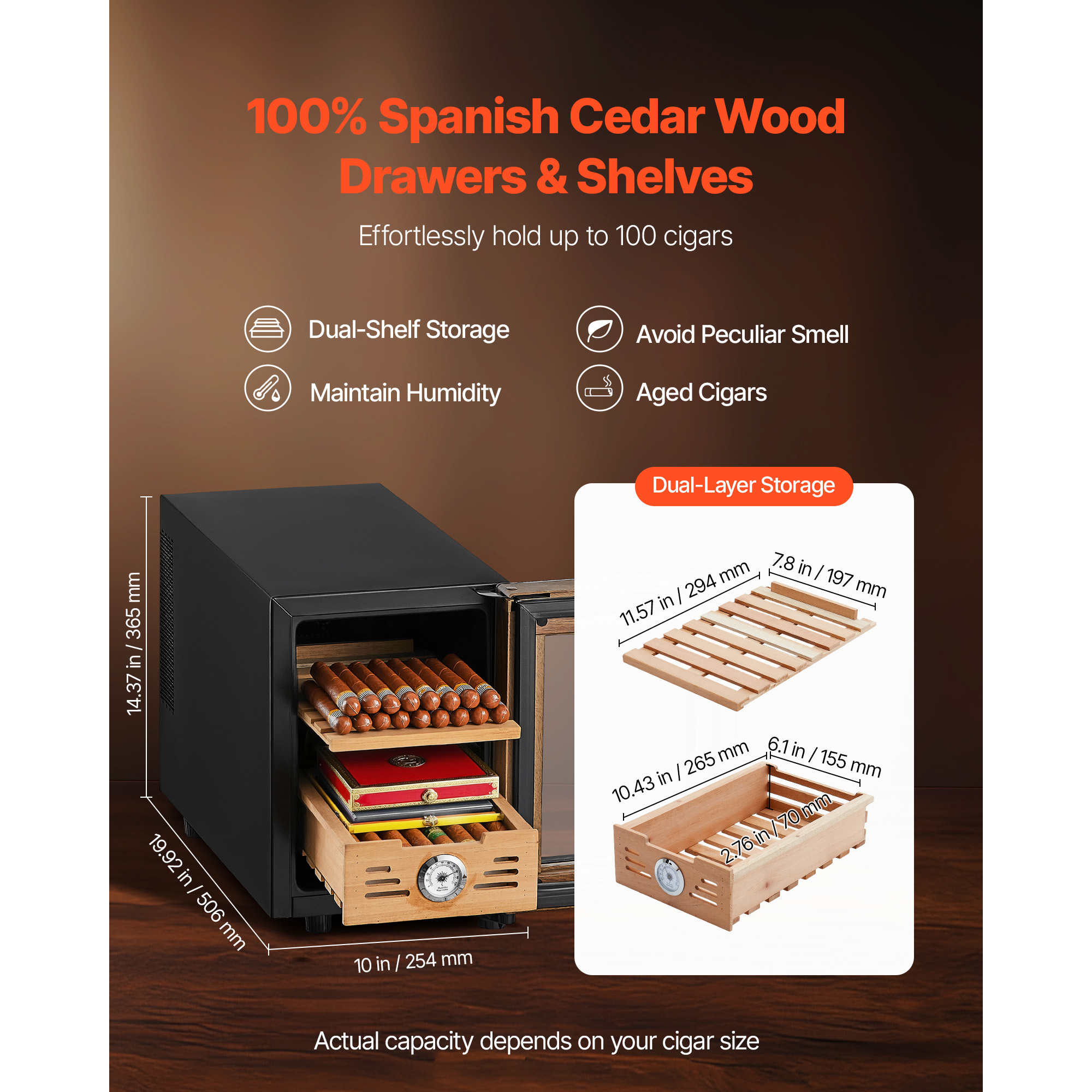 KFFKFF Electric Humidor Cabinet, 16L Capacity, Holds up to 100 Cigars, Features Cooling Temperature Control, Spanish Cedar Shelves and Drawers, Mechanical Hygrometer, Two-Tier Design
