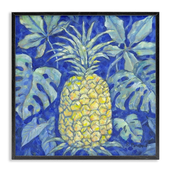 Stupell Industries Tropical Pineapple on Blue Food & Beverage Painting Black Framed Art Print Wall Art, 12 x 12