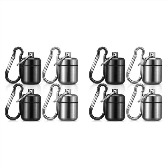 8 Pack Ear Plug Carrying Case Keychain, Portable Keychain Pill Case, Waterproof Metal Earplug Case Small Pill Container,8 x Earplug cases,Black & Silver