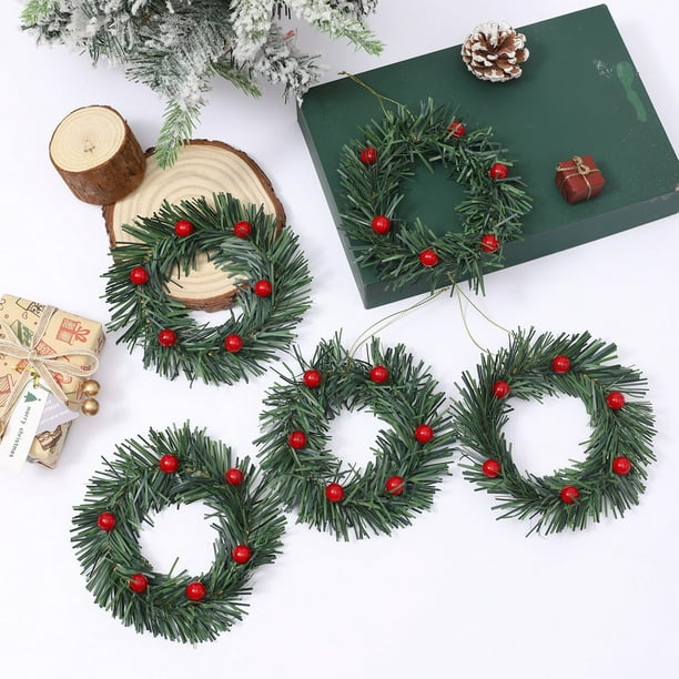 Hogar y cocina, Decoración del hogar, Decoración navideña, Mini corona navideña para árbol de Navidad, 10 piezas con lazo, enredaderas, anillo, mini escena, regalo de Navidad, corona de PVC