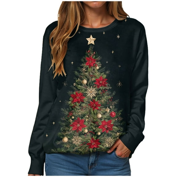larppty Womens Xmas Casual Sweatshirts Christmas Tree Print Long Sleeve Tunic Shirts Pullover （Dark Green, M）