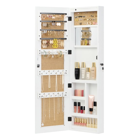 Solid Wood Jewelry Armoire Organizer Cabinet with Full-Length Mirror, 47.5x14.3 in Wall-Mounted Lockable with LED Light