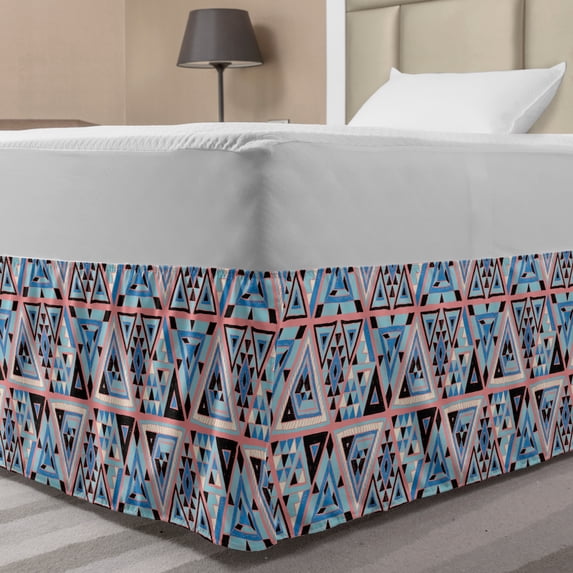 Ikat Bed Skirt, Geometrical Cultural Composition with Triangles Hipster Folkloric, Elastic Bedskirt Dust Ruffle Wrap Around for Bedding Decor, 4 Sizes, Coral Blue and Black, by Ambesonne