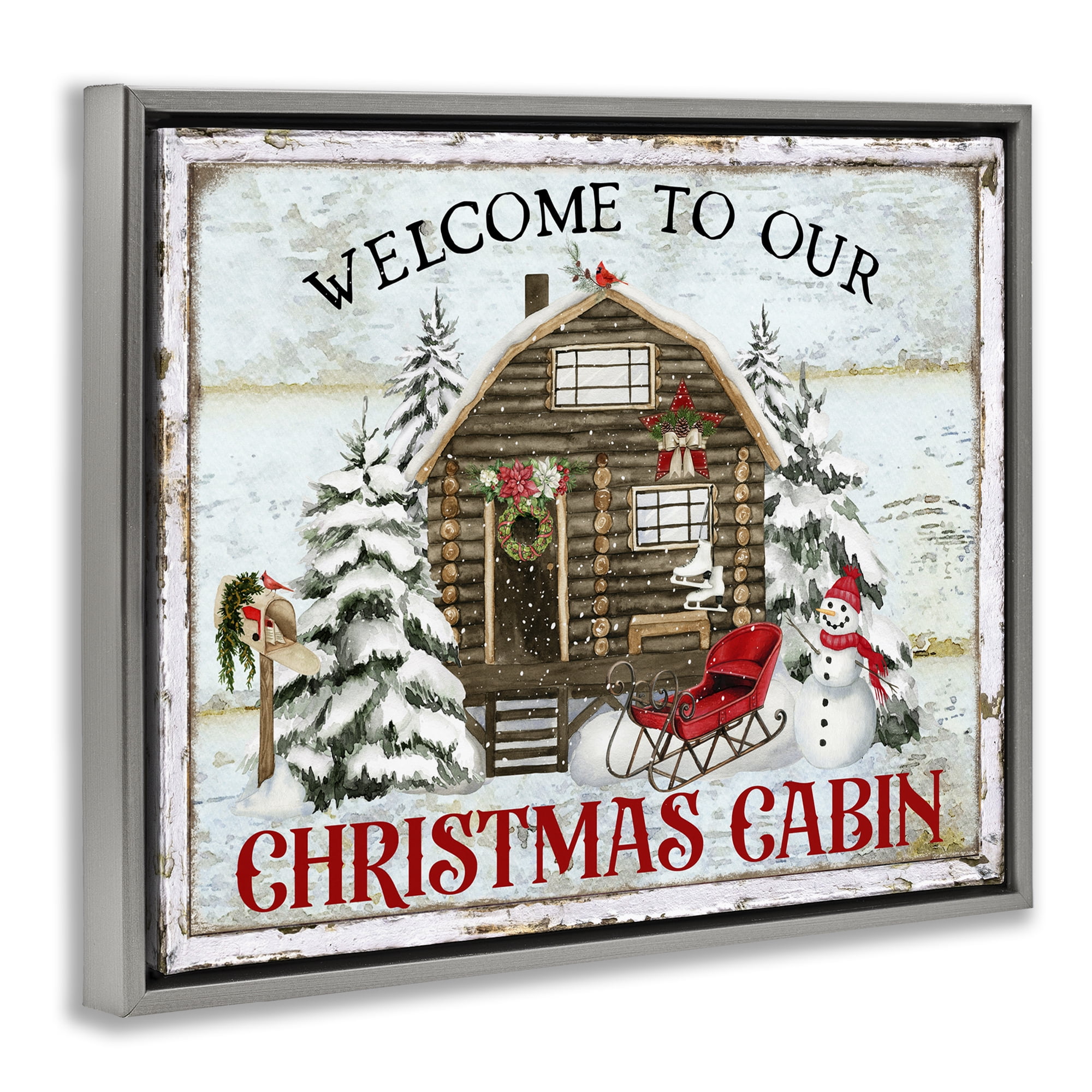 Stupell Industries Welcome Christmas Cabin Holiday Painting Gray Floater Framed Canvas Art Prints Wall Art, 31 x 25