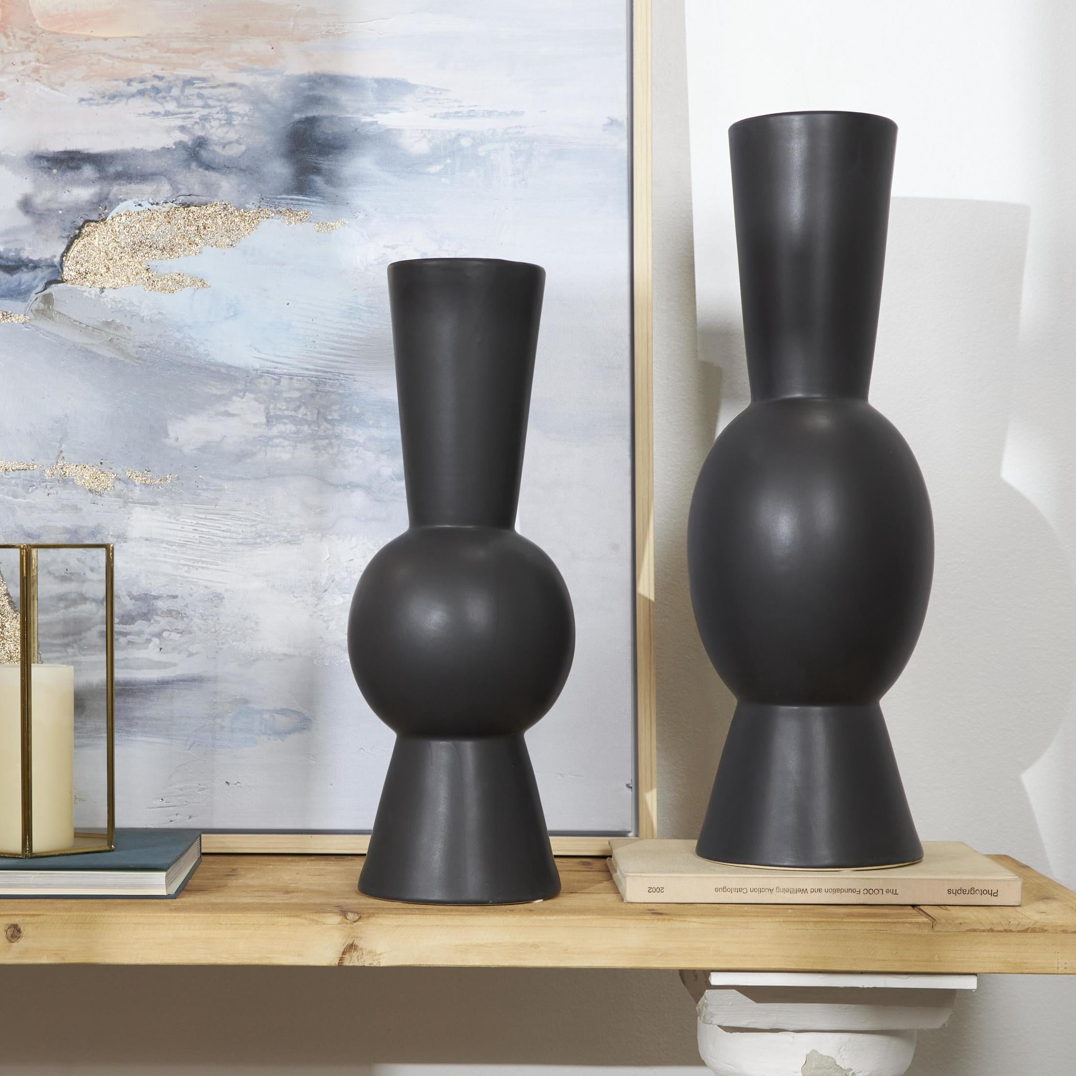 DecMode 24", 20"H Abstract Fluted Round Black Ceramic Vase, Set of 2