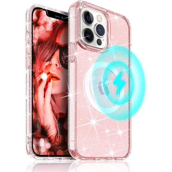 Meifigno Magnetic Glitter Case Designed for iPhone 13 Pro 6.1" Compatible with Magsafe, Crystal Bling Shockproof Protective Phone Case for Women Girls, Sparkle Pink