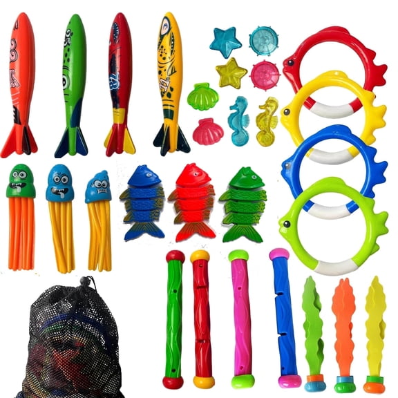 29 Pcs Pool Diving Toys with Diving Rings Dive Sticks Underwater Treasures Torpedo Fish Toy etc Fun Water Swim Toy forTeens Adults