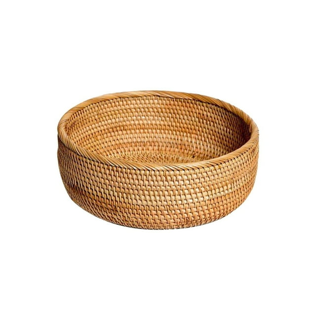 Frutero redondo de ratán - Cestas tejidas a mano para servir y almacenar, cesta de fruta natural para guardar dulces, verduras, aperitivos, pan y bandeja de exhibición decorativa (S)