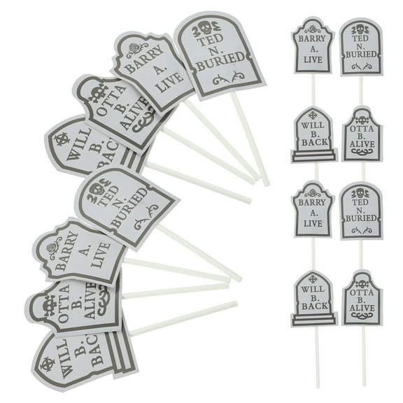 Vosarea 24Pcs Tombstone Pattern Cake Picks Dark Grey Fruit and Cupcake Decorating Toppers