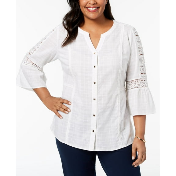 JM Collection Plus Size Cotton Crochet Sleeve Shirt Bright White 0X