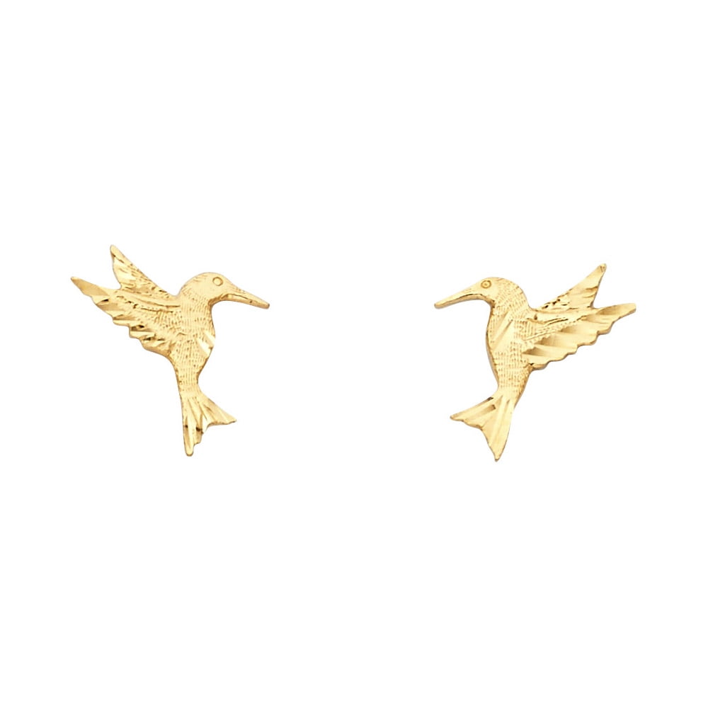 Hummingbird Stud Earrings Solid 14k Yellow Gold Bird Studs Diamond Cut