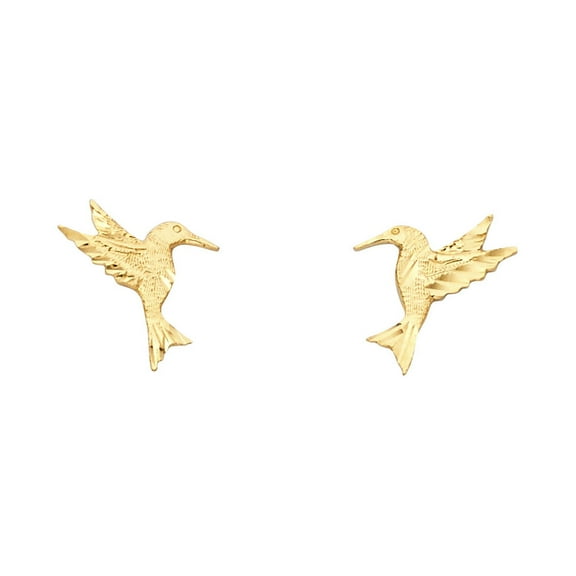 Hummingbird Stud Earrings Solid 14k Yellow Gold Bird Studs Diamond Cut Polished Design 12 x 11 mm