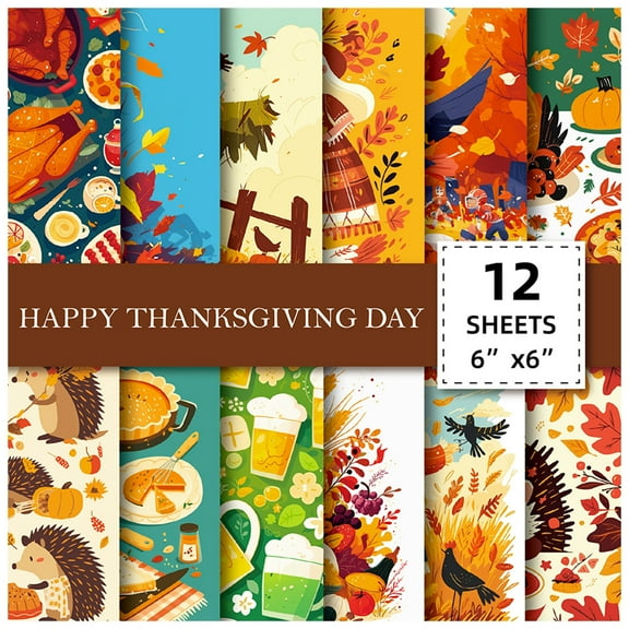 24 Sheets Thanksgiving Autumn Pattern Paper 6 x 6 inch Fall Leaves Pumpkin Plaid Craft Paper Origami Paper for Thanksgiving Card Making Scrapbook 12 Designs
