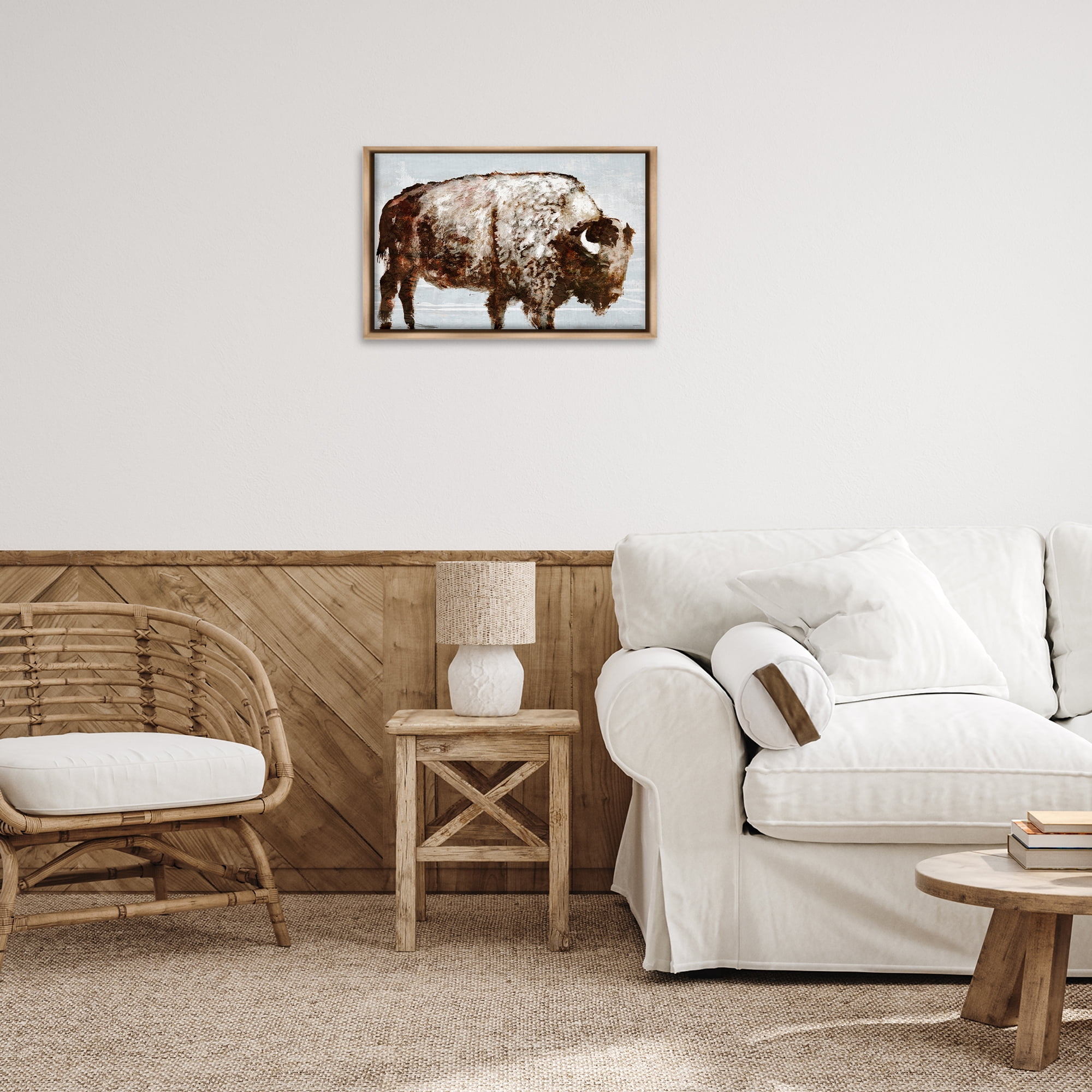 Stupell Industries Abstract Buffalo Impression Animals & Insects Painting Brown Floater Framed Canvas Art Print Wall Art, 25 x 17