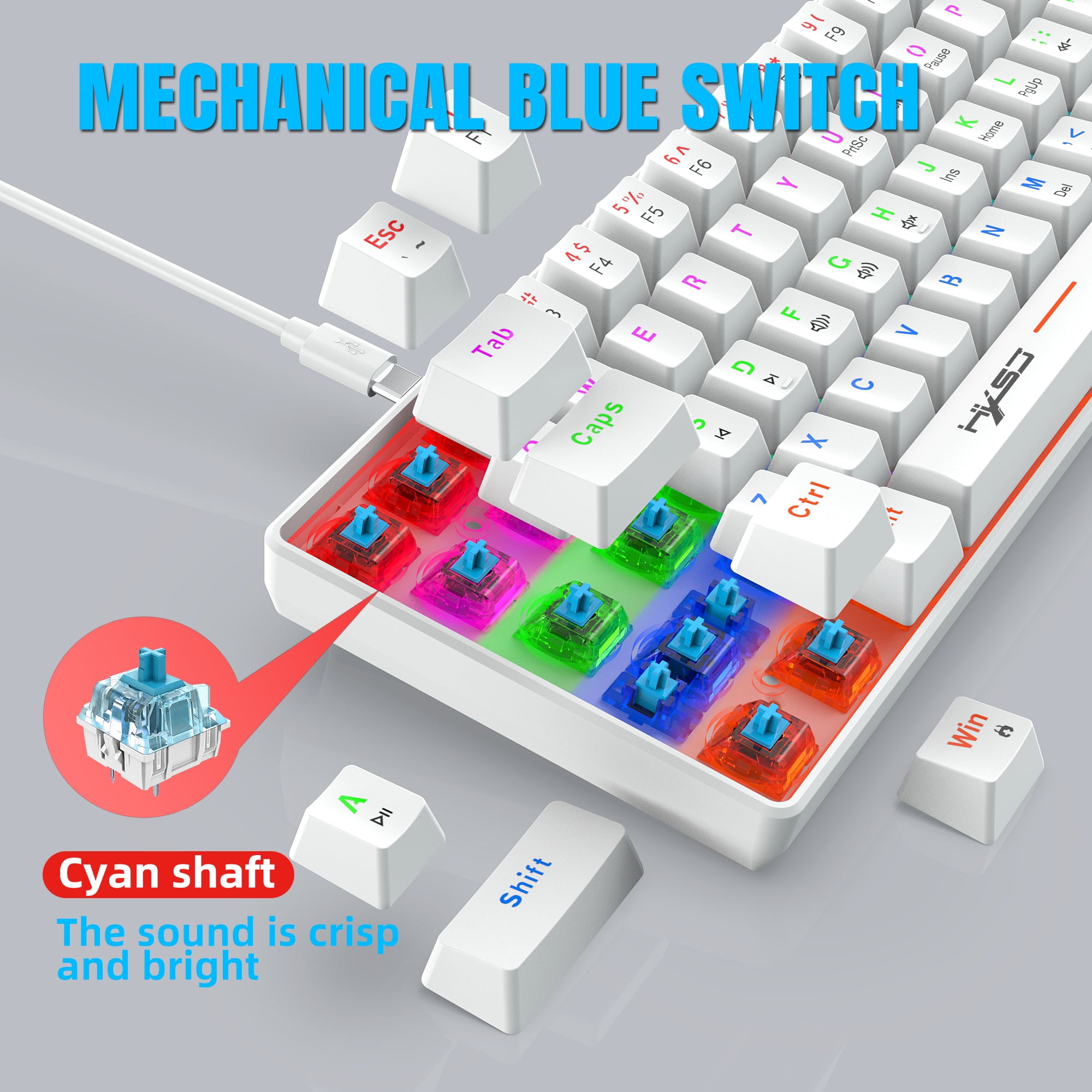 UHM 60% Wired Mechanical Gaming Keyboard,RGB Backlit Mini Keyboard with Blue Switch/Multimedia Keys,Waterproof Small Ultra-Compact 61 Keys Keyboard for PC/Mac Gamer,Typist,Travel,White