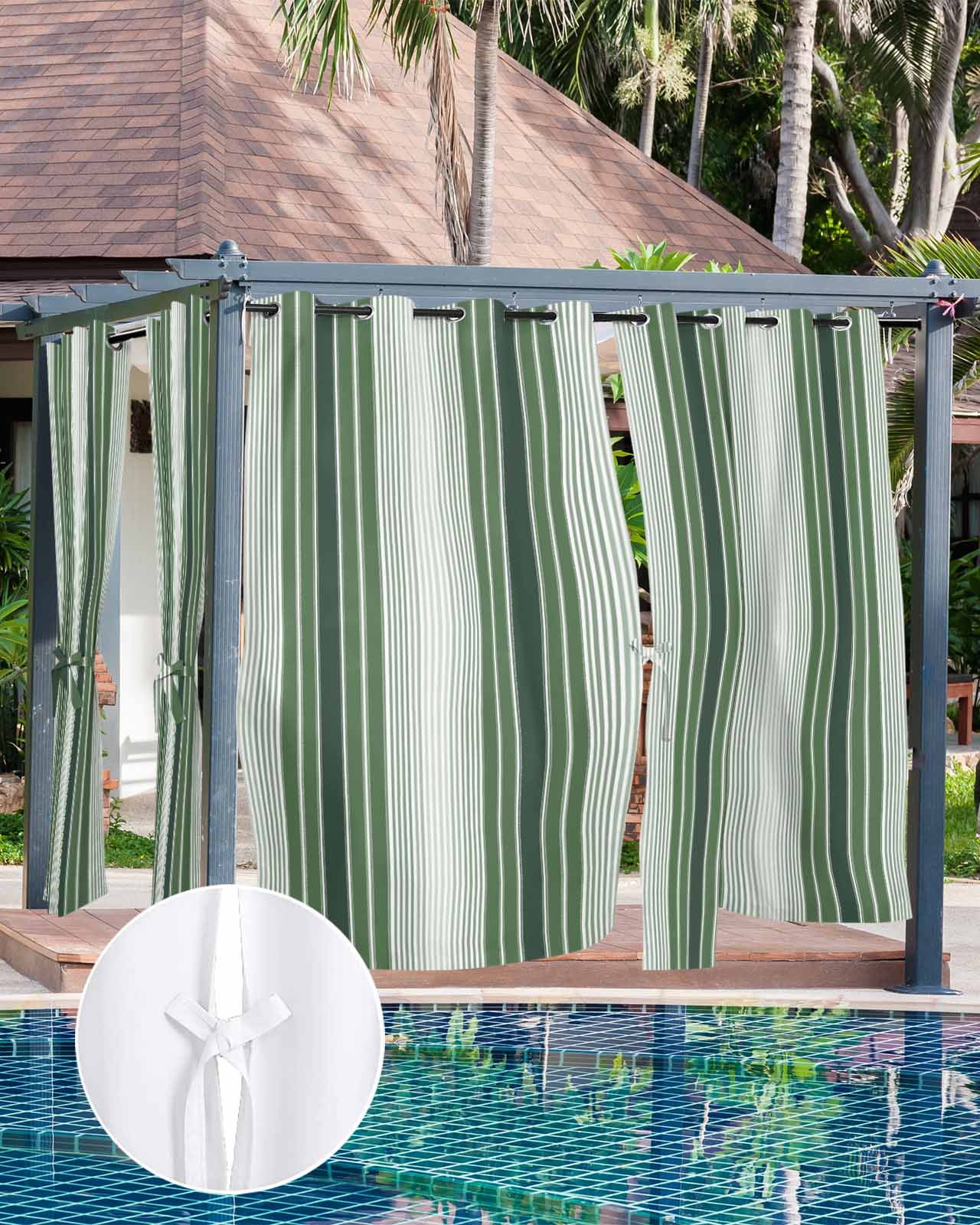 Dark Green Ombre Stripe Outdoor Curtains for Patio, Farmhouse Simple Striped Privacy Drapes Grommet Waterproof Outside Curtains for Porch/Cabana/Balcony 54"x 108", 1 Panel