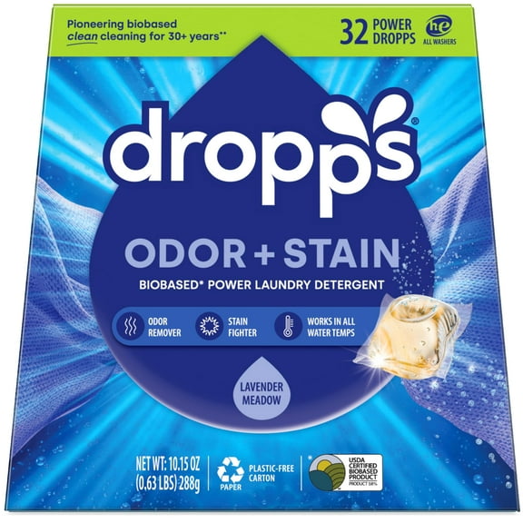 Dropps Odor & Stain Biobased Power Laundry Detergent Pods, Lavender Meadow (32 Count) - HE Compatible Laundry Pods for Fresh Clothes - Washing Detergent Soap Supplies & Recyclable Packaging