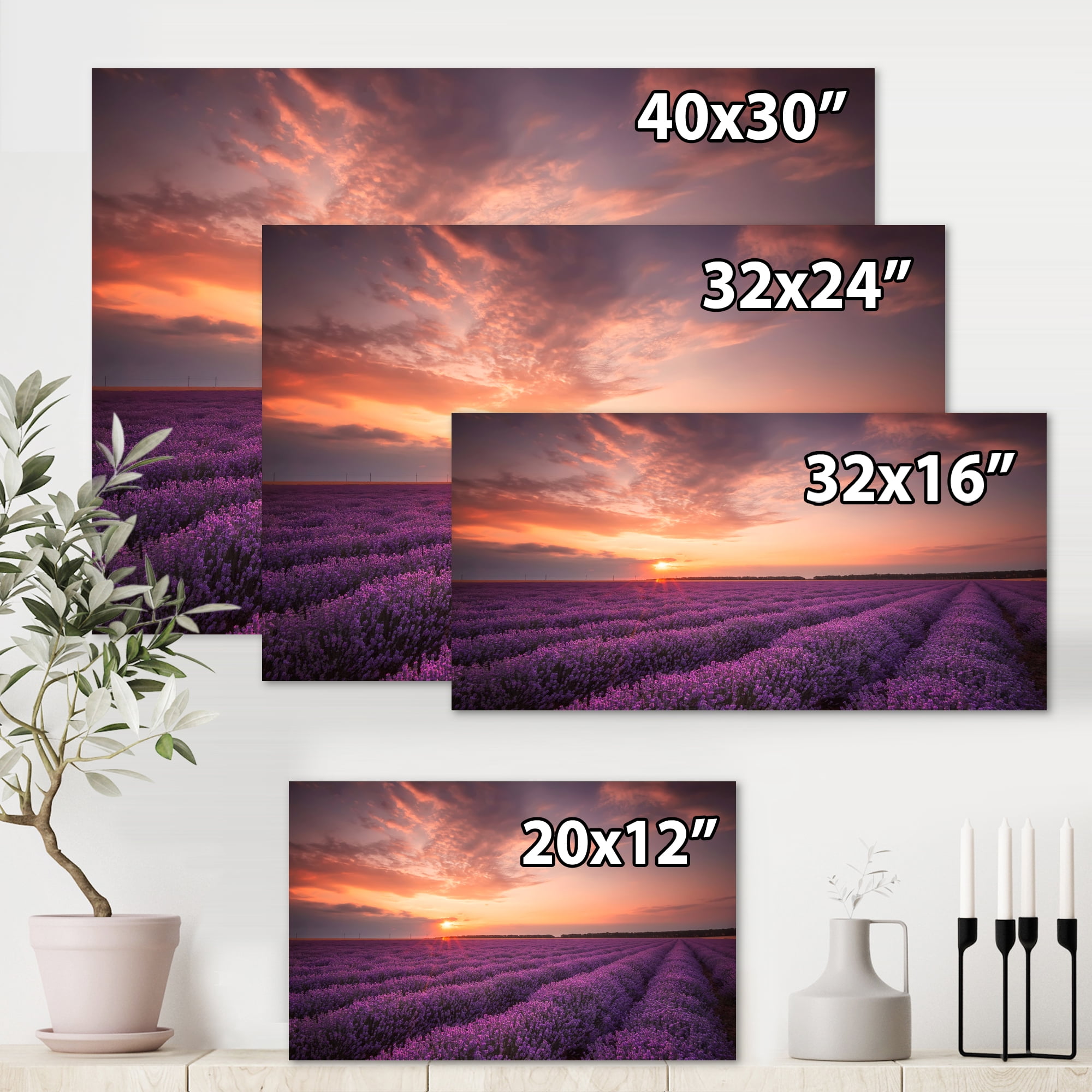 Designart ' Dramatic Clouds and Sunrise Over Lavender Field XII ' Farmhouse Canvas Wall Art Print